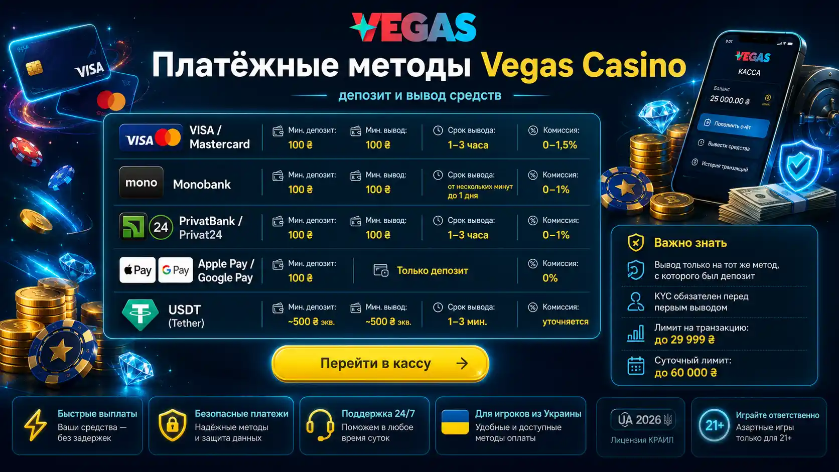 Платёжные методы Vegas Casino